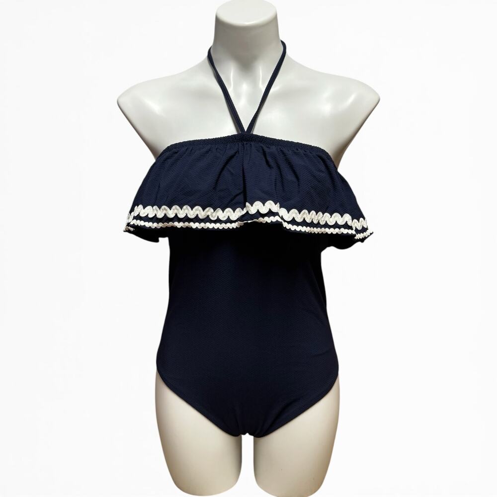 J.Crew Halter Ruffle One Piece Swimsuit Navy Blue White 6